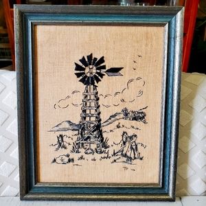 Needlepoint Embroidery  Weather  Wind Vane Barn Mill Wood  Frame Vintage 76